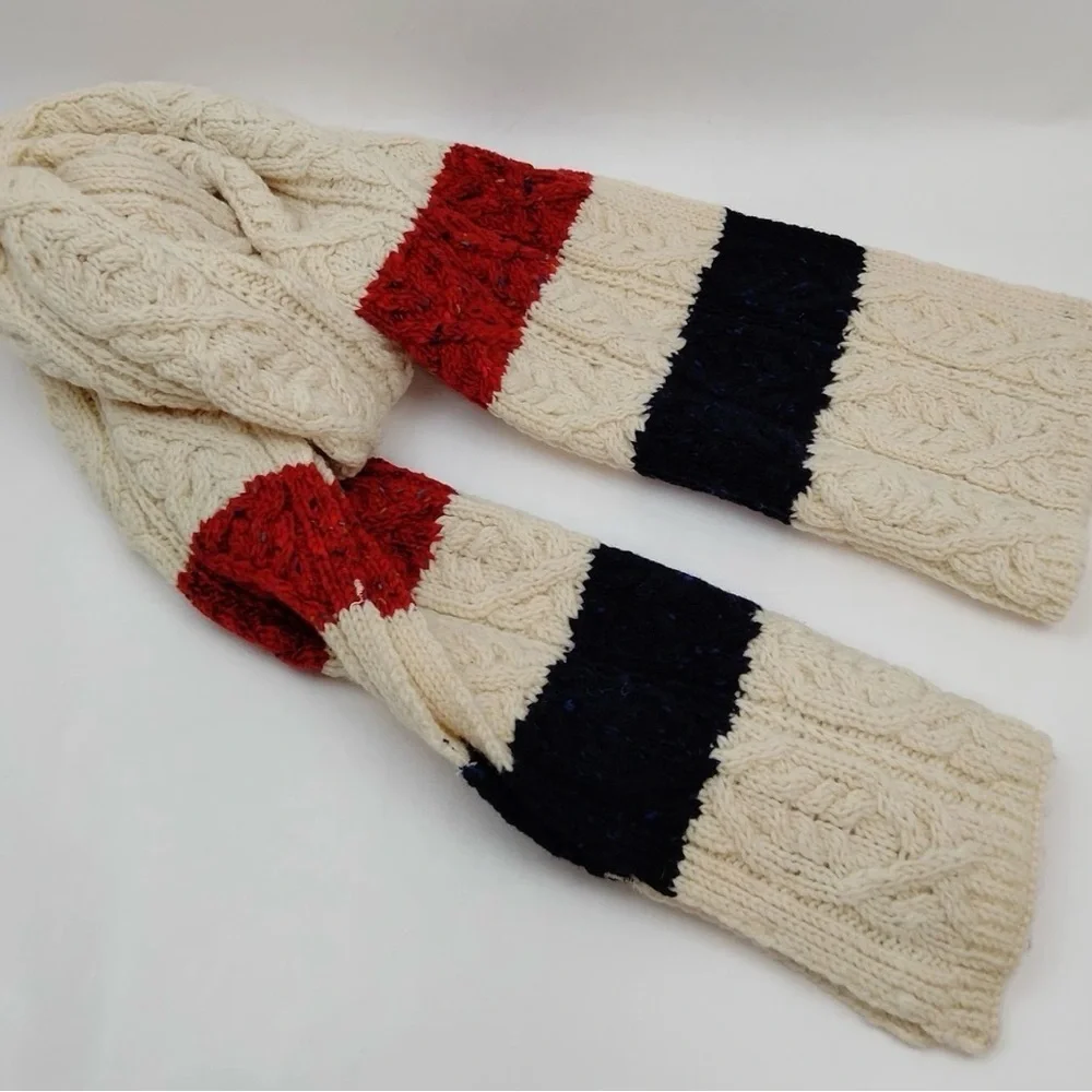 Thom Browne Striped Cable Knit Scarf Ivory w/ Red Navy Signature Stripe Wool